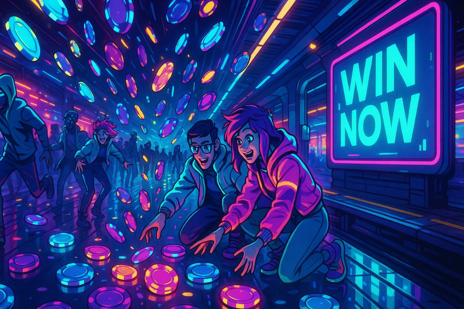 A clean slots browsing layout with bright cyan and purple accents